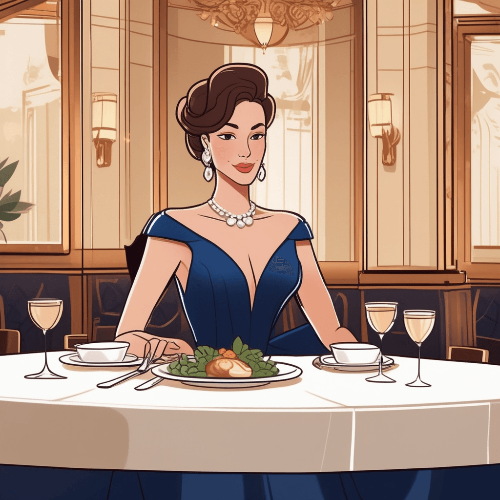 a woman sits gracefully at her table wearing a perfectly tailored deep blue dress that complements the restaurant's ambiance. She holds her wine glass with elegant poise while engaging in pleasant conversation. Her outfit choice and demeanor match the sophisticated atmosphere around her perfectly. The formal dress looks neither too casual nor overdressed for the refined dining establishment. Other diners at nearby tables glance over with approving looks at how well she fits the upscale environment. A waiter approaches with a smile, clearly impressed by her polished appearance. someone whose appearance and behavior are attractive and perfectly suitable for their surroundings
