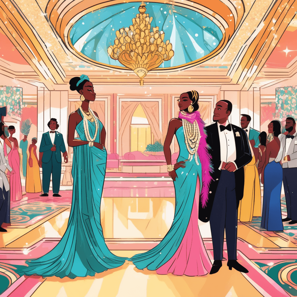 a wealthy woman stands covered in layers of clashing jewelry, bright feathers, sequins, and multiple colorful scarves draped everywhere. She admires herself in a large mirror while adjusting yet another gaudy accessory to her already overwhelming outfit. Her appearance is so excessively decorated that she looks more like a walking costume shop than an elegant guest. The contrast between her overly flashy appearance and the refined hotel setting makes her look completely out of place. Hotel staff and other elegantly dressed guests stare with surprised expressions at her overwhelming display. Some guests whisper to each other while pointing discretely at her excessive decorations. someone dressed and decorated in a showy, gaudy, and vulgar manner