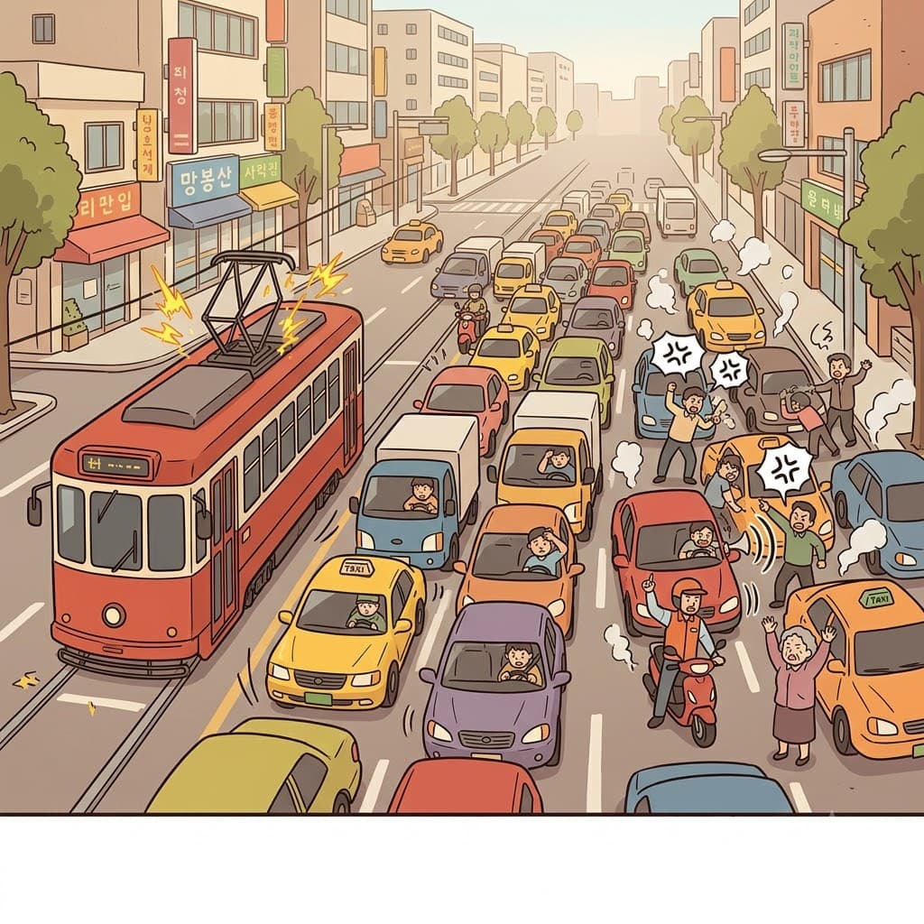 Trapped behind a broken tram in a massive traffic jam, the frustrated drivers honked and created utter bedlam.