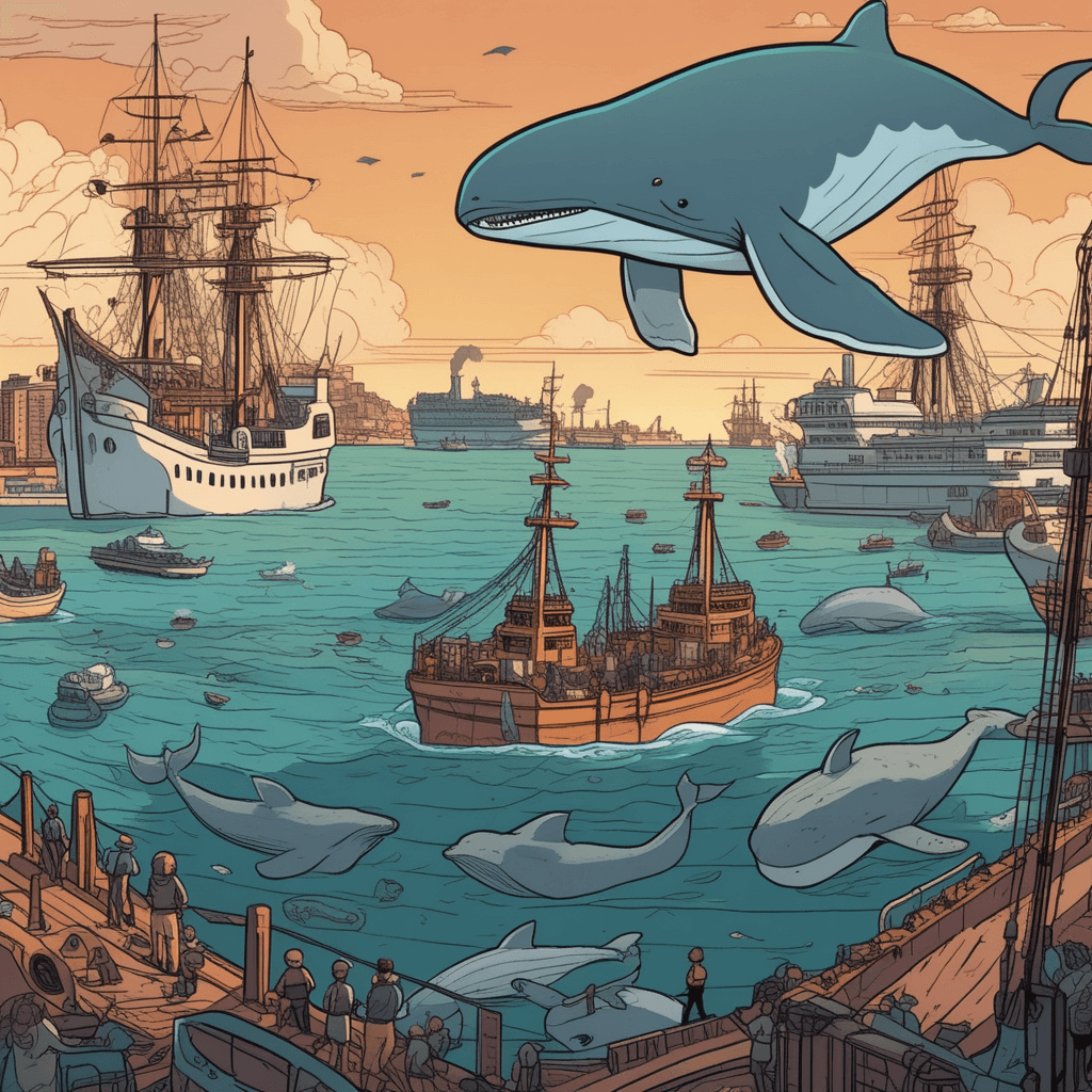 a colossal whale emerges from the ocean water, towering over everything around it. Its massive body dwarfs the nearby fishing boats that look like toys in comparison. The creature's enormous size creates huge waves that rock the small vessels violently. Water cascades off its giant form as it breaches the surface completely. Tiny fishermen on the boats point upward in shock at the incredible size difference. Other boats in the distance appear microscopic next to this ocean giant. something enormous in size and power compared to everything else around it