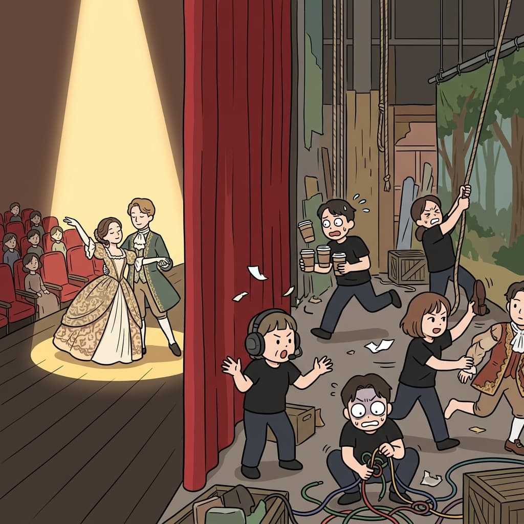 The behind-the-scenes crew rushes to change sets while the audience watches the actors.