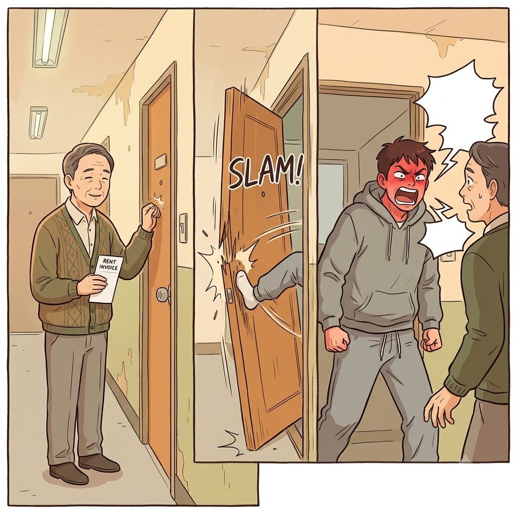 When the landlord gently asked for the late rent, the angry tenant kicked the door and became instantly belligerent.