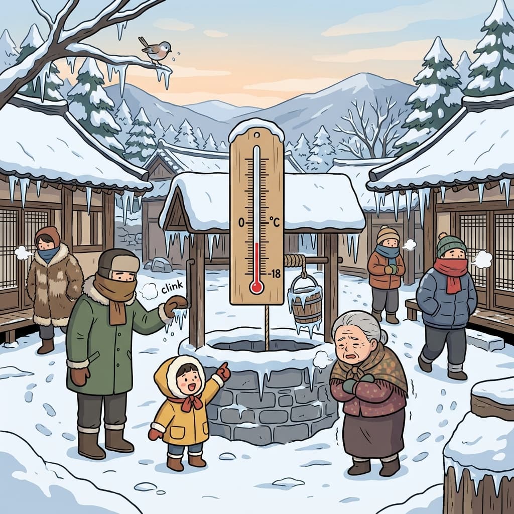 The thermometer drops below zero as villagers bundle up by the frozen well.