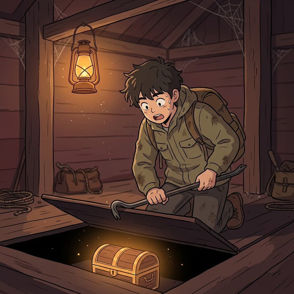 The treasure chest lies hidden below the old wooden floorboards.