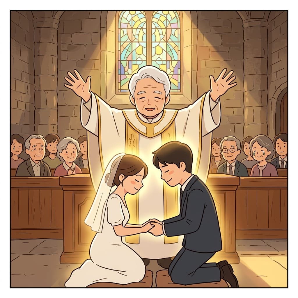 The priest offered a benediction over the kneeling couple at their wedding altar.