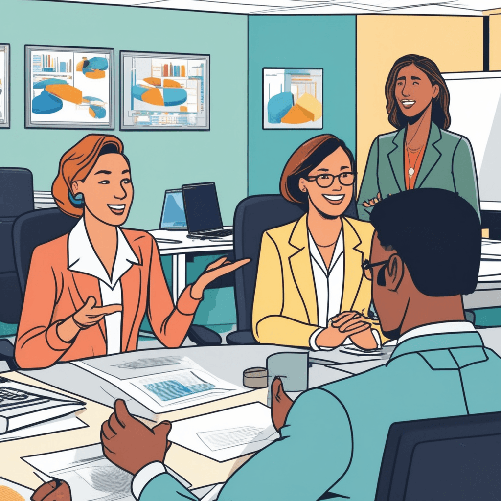 an HR representative sits across from a new employee, spreading out colorful brochures and pamphlets across the desk. She points to different documents showing medical symbols, retirement icons, and vacation imagery. The employee's eyes light up as he realizes all the additional perks he'll receive. His expression changes from confusion to excitement as each benefit is explained. Other employees peek through the office doorway, smiling and giving thumbs up. a collection of non-wage compensations being provided by an employer to an employee