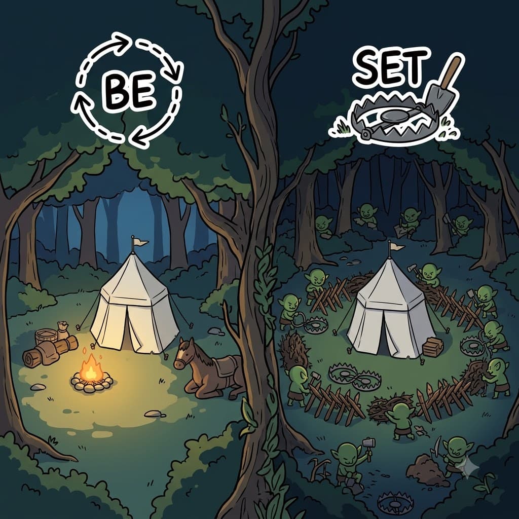 BE (around) + SET (to place) — by acting to SET spiked traps completely BE (around) the glowing tent, the goblins managed to beset the weary knights.
