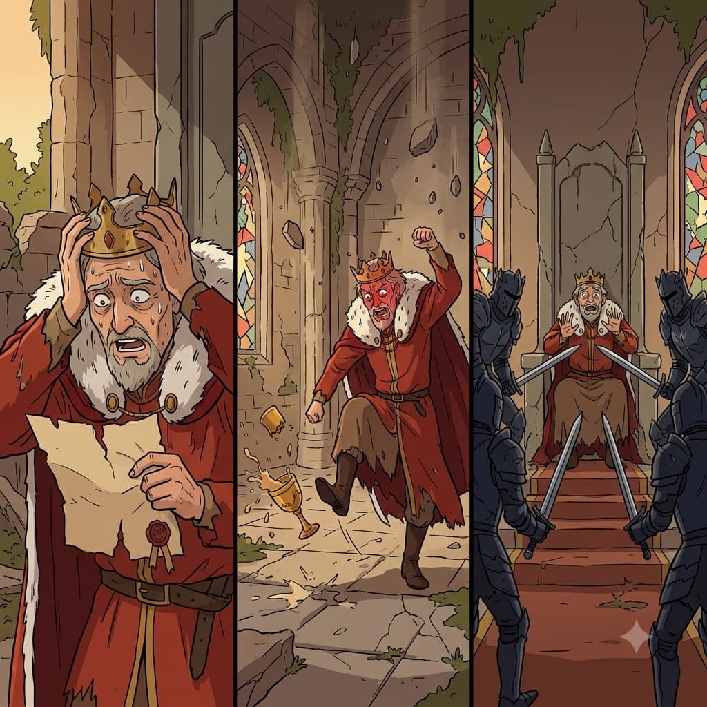 Filled with deep, bitter regret and feeling completely upset, the fallen king was ultimately beset by enemies on all sides.