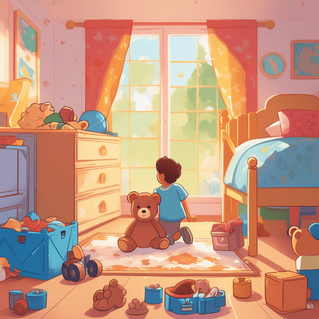 Child finds teddy bear besides many other toys scattered around