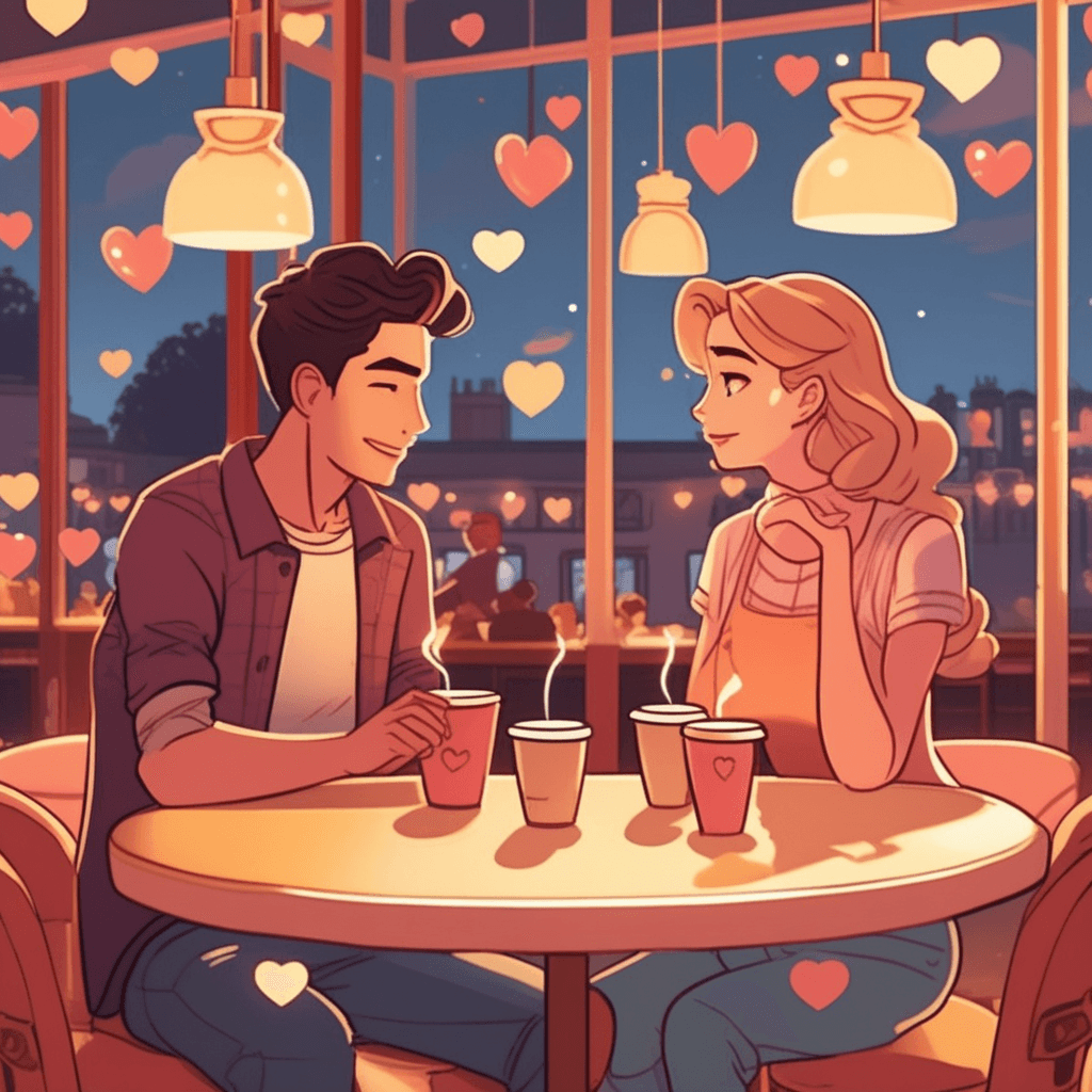 a young man sits at a corner table with hearts floating around his head, staring dreamily at a woman across the room. His coffee cup sits forgotten and cold as he gazes with wide, lovesick eyes. The woman he's watching simply reads a book, completely unaware of his intense attention. His infatuation is so strong that he doesn't notice his friend trying to get his attention or the waitress asking for his order. Other coffee shop customers shake their heads and smile at his obvious lovestruck behavior. His friend waves a hand in front of his face but gets no response. someone completely infatuated and foolishly devoted to another person