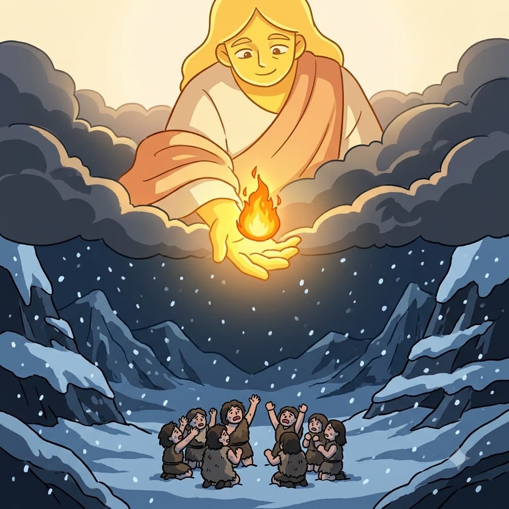 Looking with pity at the freezing humans deep below, the giant sun god reached down to bestow the magical gift of warm fire.