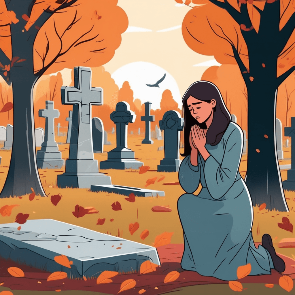 a woman kneels beside a fresh grave with her hands covering her face as tears stream down. She rocks back and forth while crying loudly with her mouth open in anguish. Fresh flowers lie scattered around the headstone from her trembling hands. Her shoulders shake uncontrollably as she voices her grief to the empty air. An elderly man approaches from behind with a comforting hand extended toward her. Other visitors in the distance pause respectfully as her cries echo through the peaceful cemetery. someone expressing deep sorrow and regret about a loss through loud lamentation