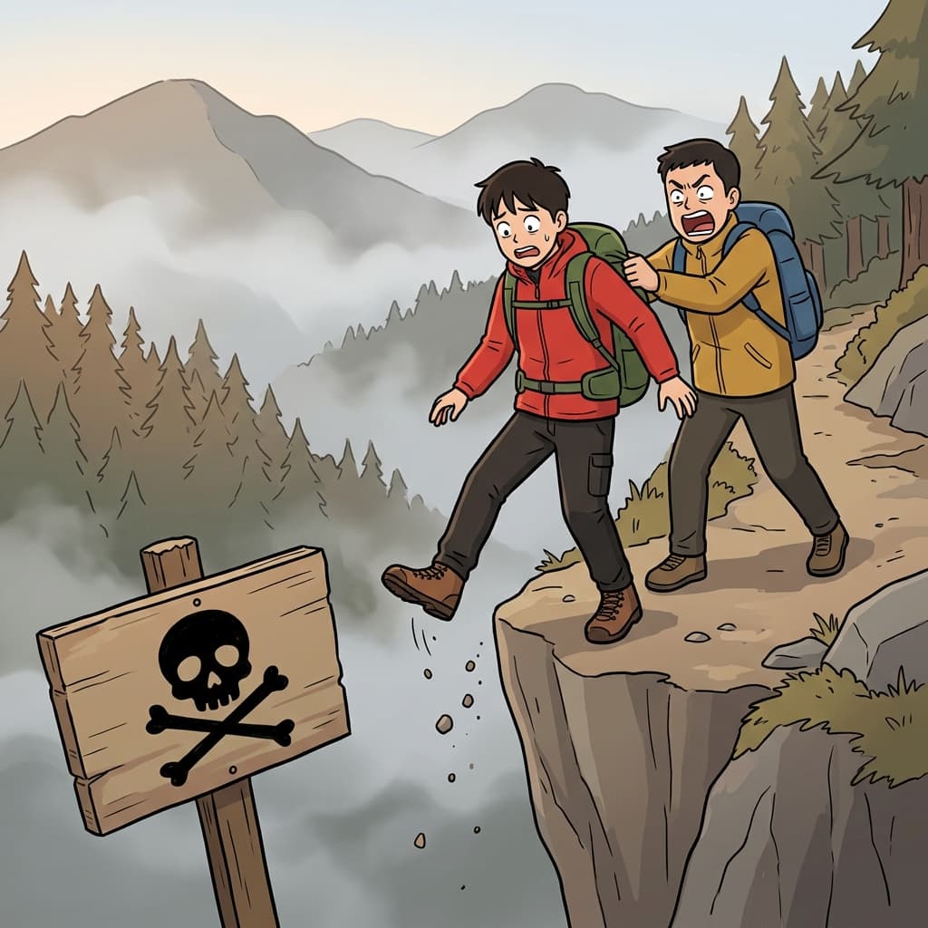 Hikers beware of the cliff edge hidden behind the mist.
