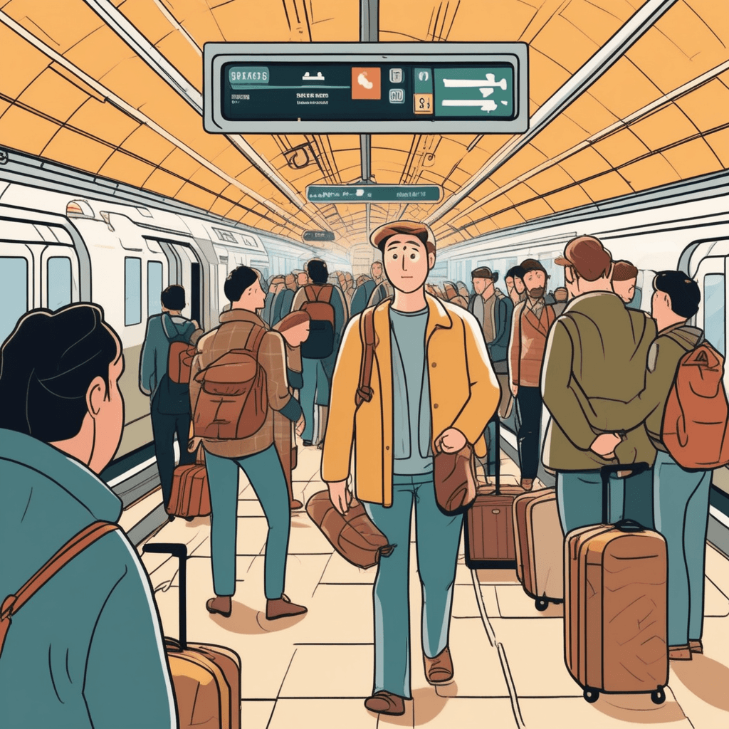 a tourist stands frozen with a large suitcase, looking around frantically at dozens of different directional arrows pointing in every direction. The arrows create a maze-like pattern above and around them, with platforms leading to countless destinations. The traveler's face shows complete confusion as they try to process all the conflicting information at once. Other commuters walk confidently past in different directions, adding to the chaos of movement. A station worker nearby gestures toward yet another direction, making the situation even more complicated. someone becoming completely perplexed and confused by overwhelming choices