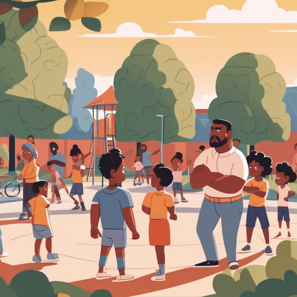 an angry person with crossed arms blocks the entrance to a playground area while pointing aggressively at a family approaching. The person's face shows stubborn determination and unreasonable anger toward the newcomers. The approaching family stops in confusion and hurt, with children hiding behind their parents. Other park visitors in the background look uncomfortable and concerned by the hostile behavior. a person who is obstinately prejudiced against others based on their group membership