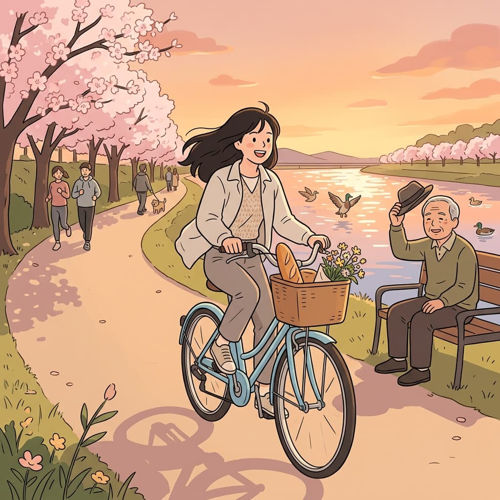 She rides her bike along the riverside path at sunset.
