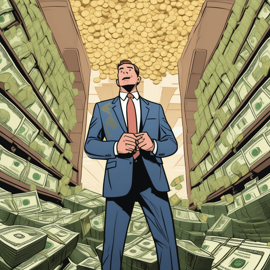 A businessman marvels at billion dollar stacks filling the vault