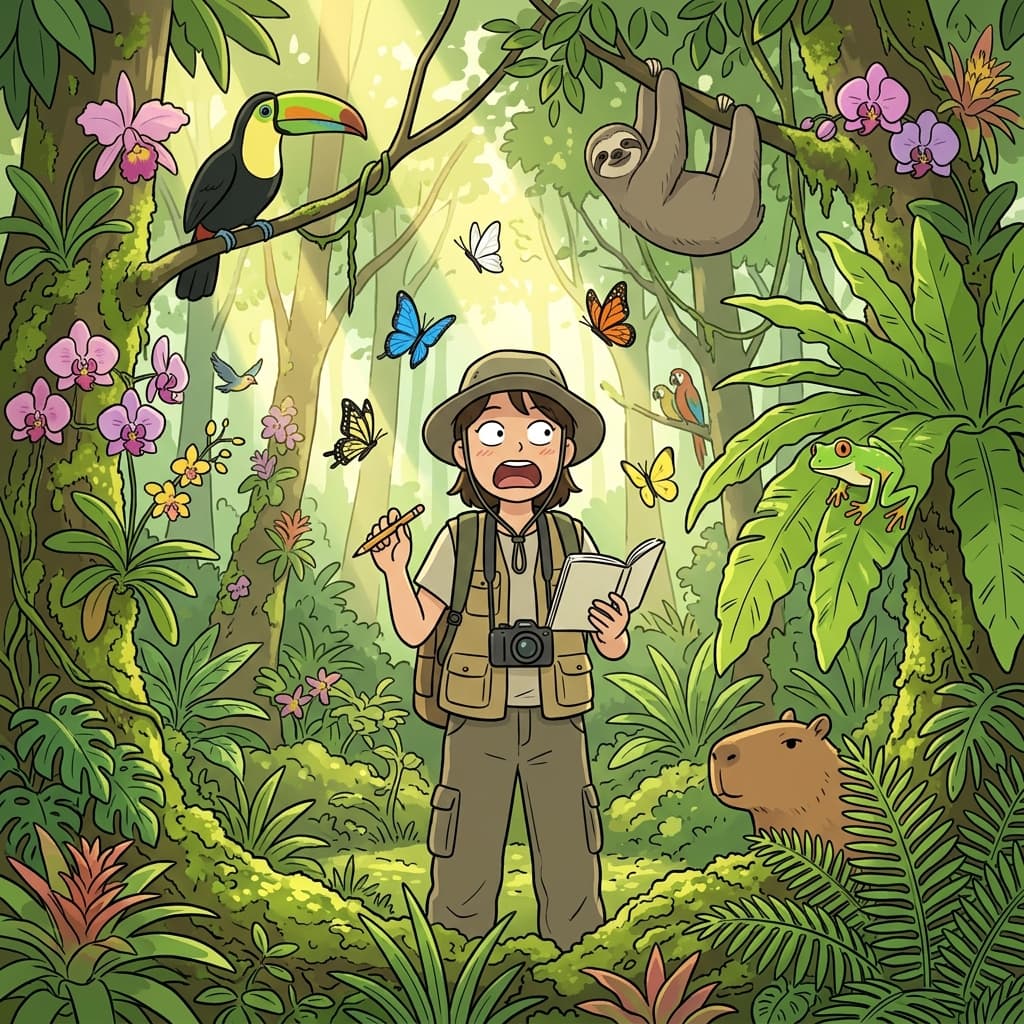 The rainforest's biodiversity stuns the researcher — birds, frogs, and orchids everywhere.