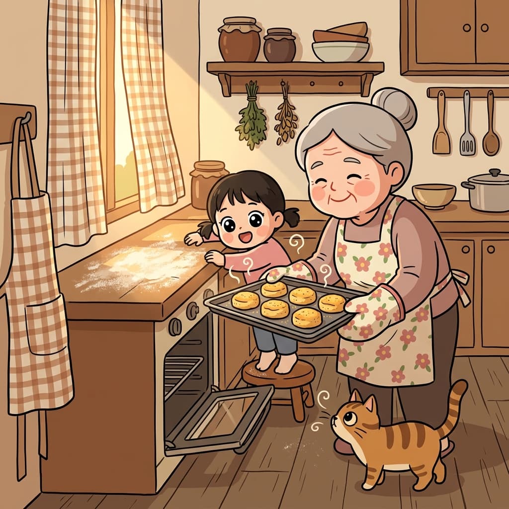 She pulls a tray of golden biscuit rounds from the oven, butter aroma filling the kitchen.