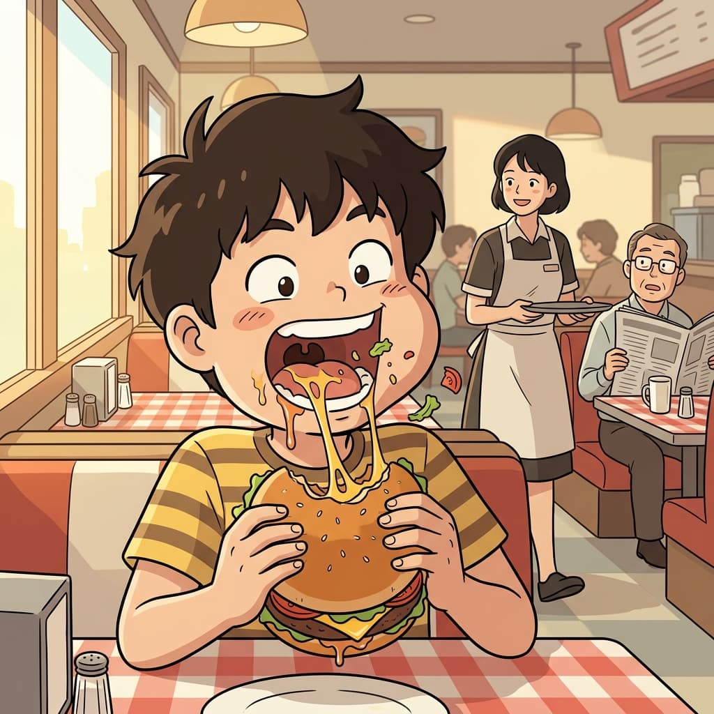 The hungry boy took a huge bite of the juicy burger.