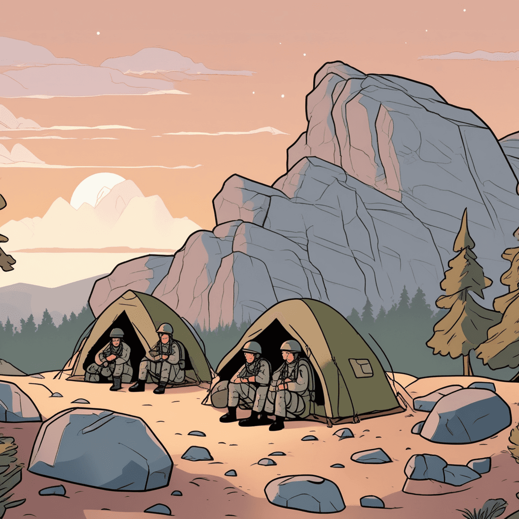two soldiers arrange their backpacks and sleeping bags directly on the rocky ground between large boulders. They wrap themselves in military blankets while using their gear as makeshift pillows. The harsh mountain wind forced them to find shelter behind the natural rock formations instead of setting up tents. Their equipment lies scattered around them as they prepare to sleep under the open sky. Another soldier sits nearby keeping watch while leaning against a boulder. a temporary camp without tents or cover used by soldiers.