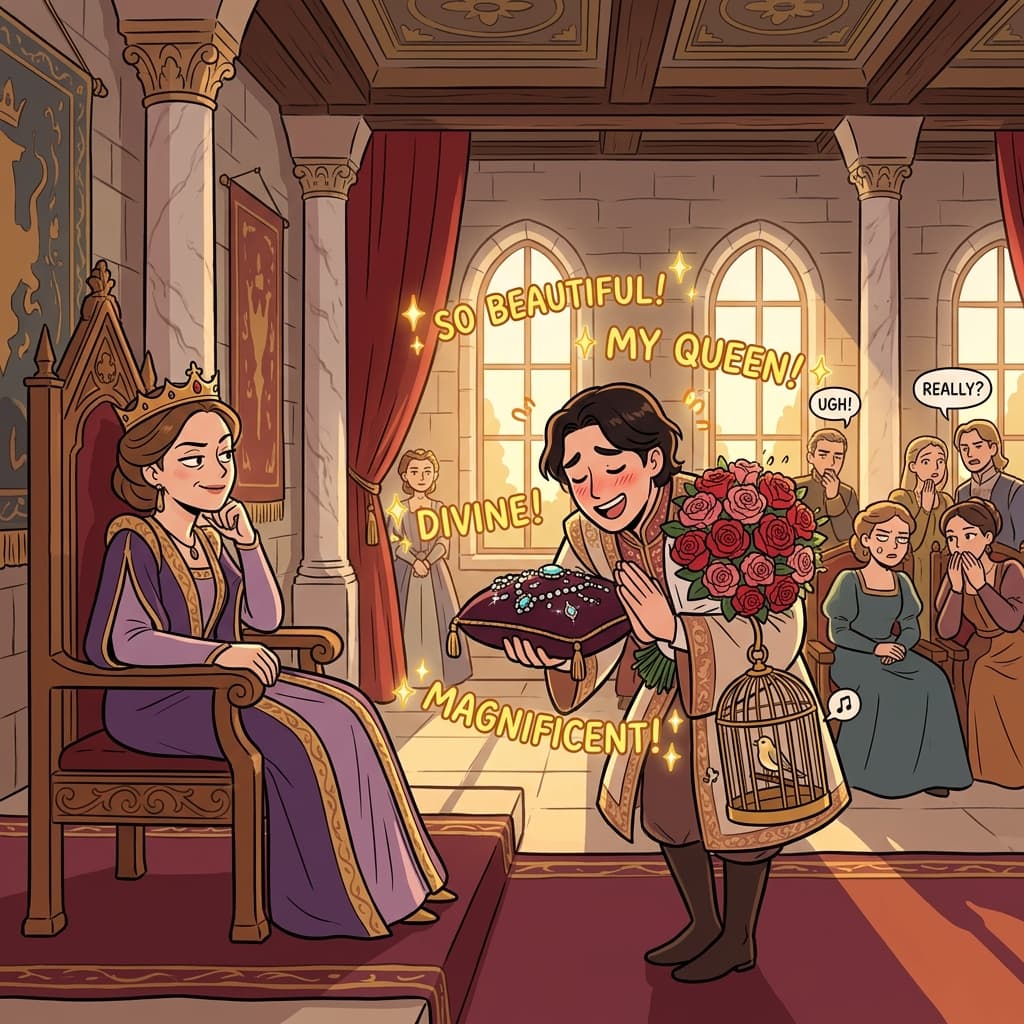 The courtier tries to blandish the queen with sweet flattery and lavish gifts.