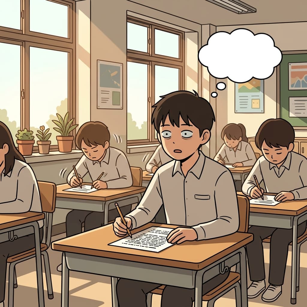 He stared blankly at the exam paper, mind completely empty.
