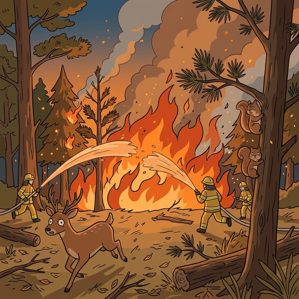 A sudden blaze swept through the dry forest as firefighters rushed in.