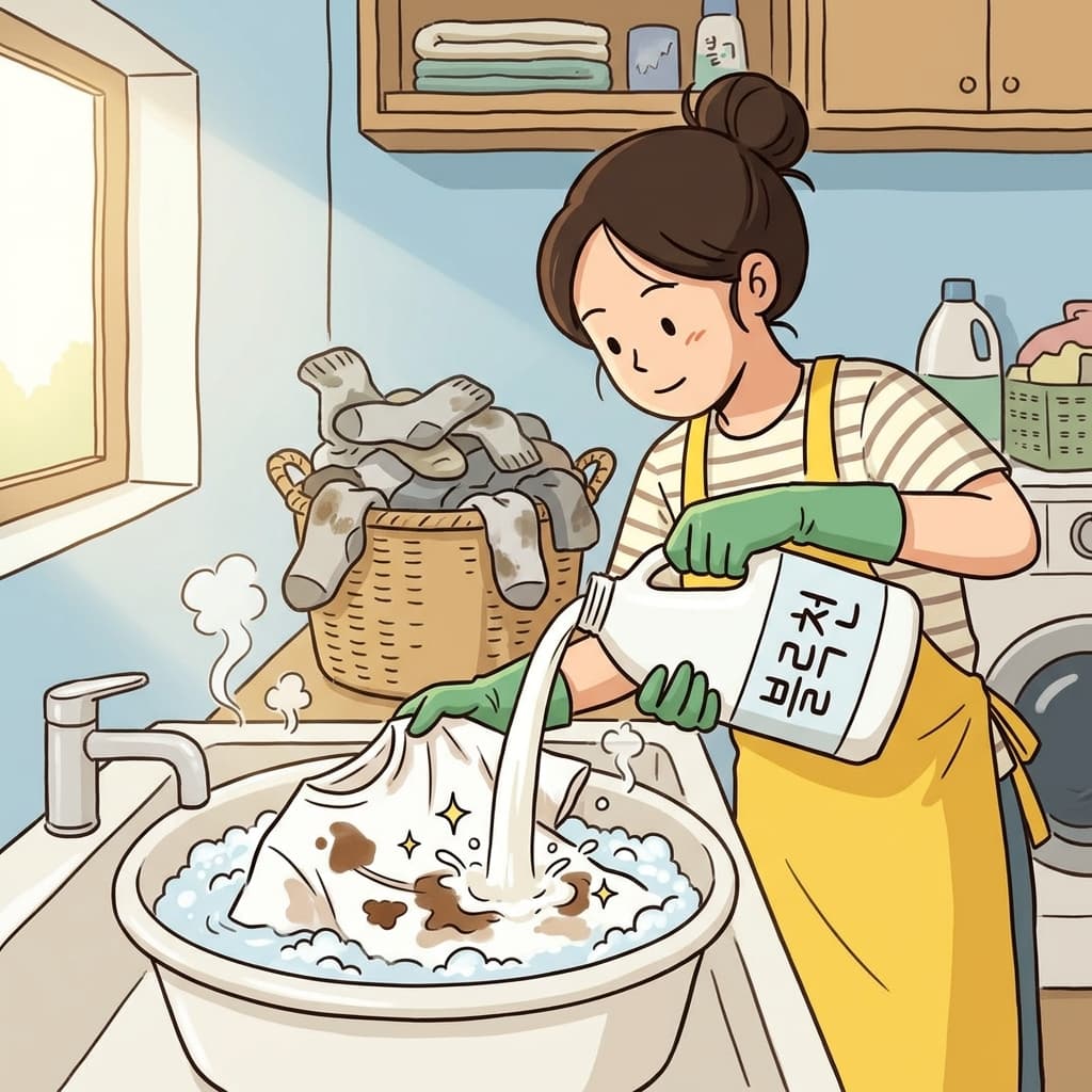 She pours bleach on the stained shirt and watches the spots fade away.