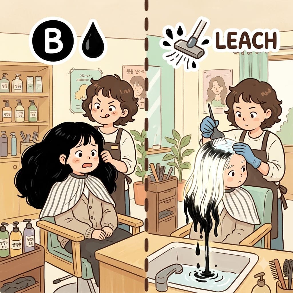 B(black) + LEACH(drain away) — by allowing the chemical to LEACH(drain away) all the B(black) dye, the hairdresser completely bleached her hair.