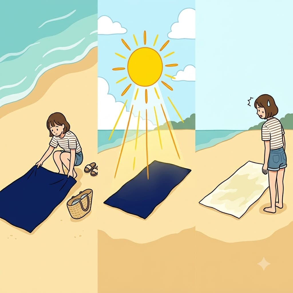 Leaving his dark blue towel under the blazing hot sun at the beach, he returned to find it completely bleached.