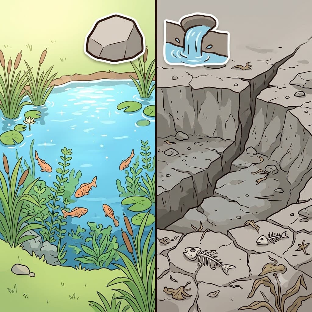 B(bare) + LEAK(drain away) — as all the warm water LEAK(drained away) leaving only a B(bare) hole, the once beautiful pond became totally bleak.
