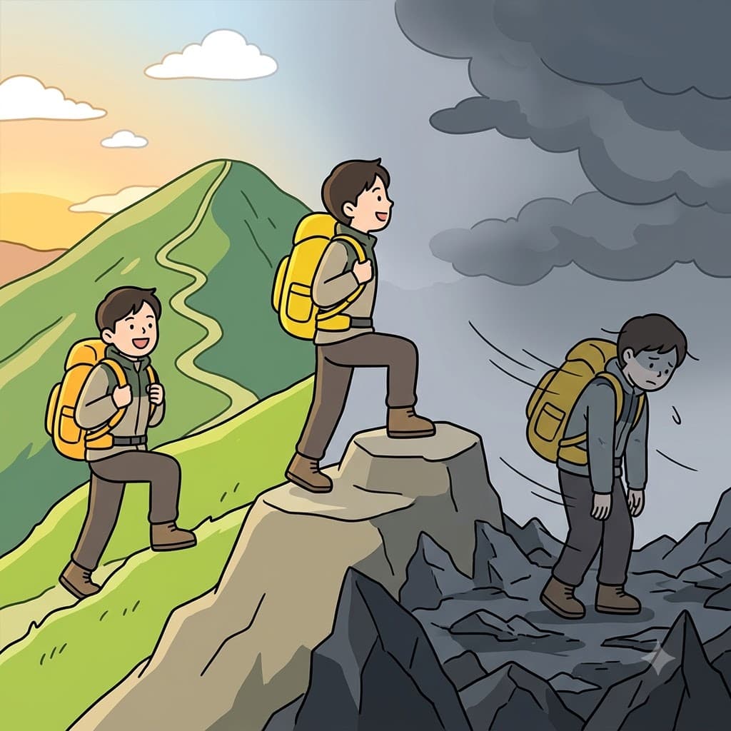 Climbing to the high mountain peak for a beautiful view, the hiker found only a dark, freezing, bleak wasteland.
