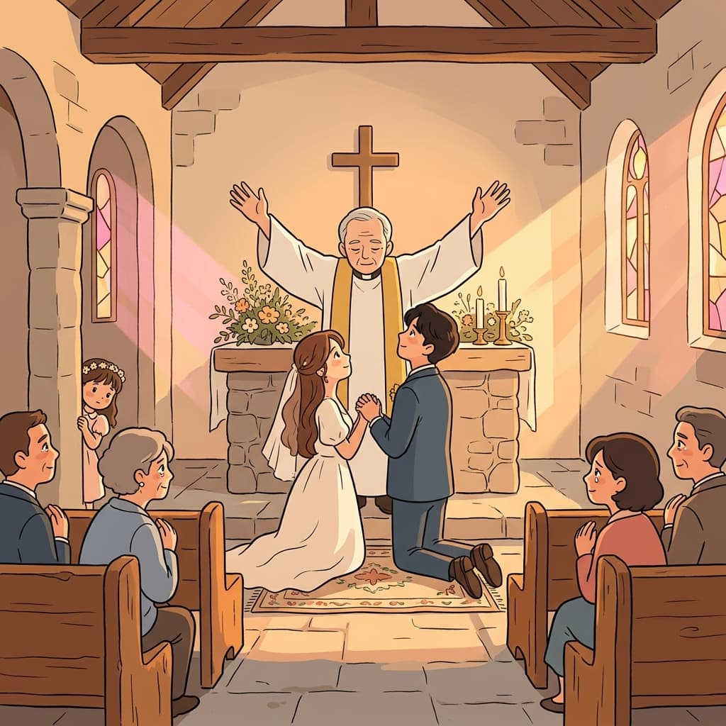 The priest raised his hands to bless the newlyweds at the altar.