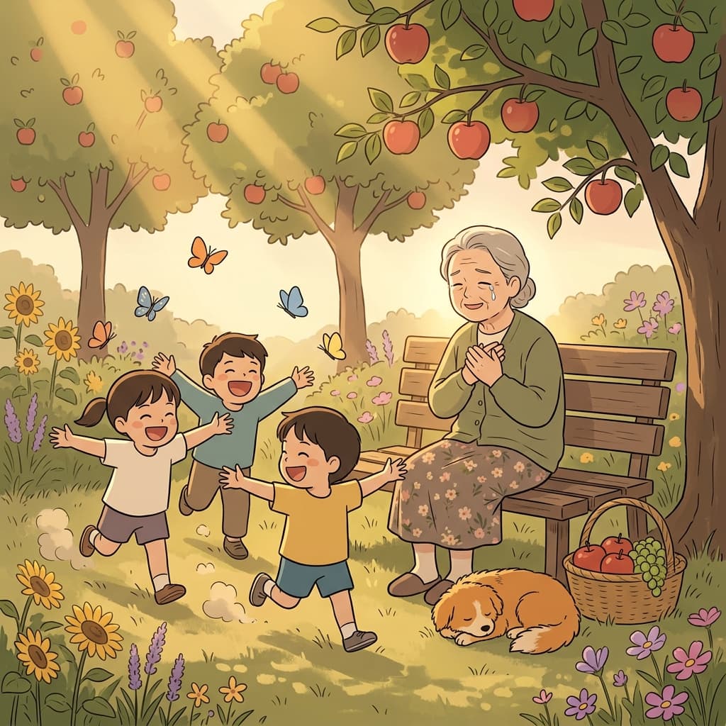 The grandmother felt blessed watching her grandchildren play in the garden.