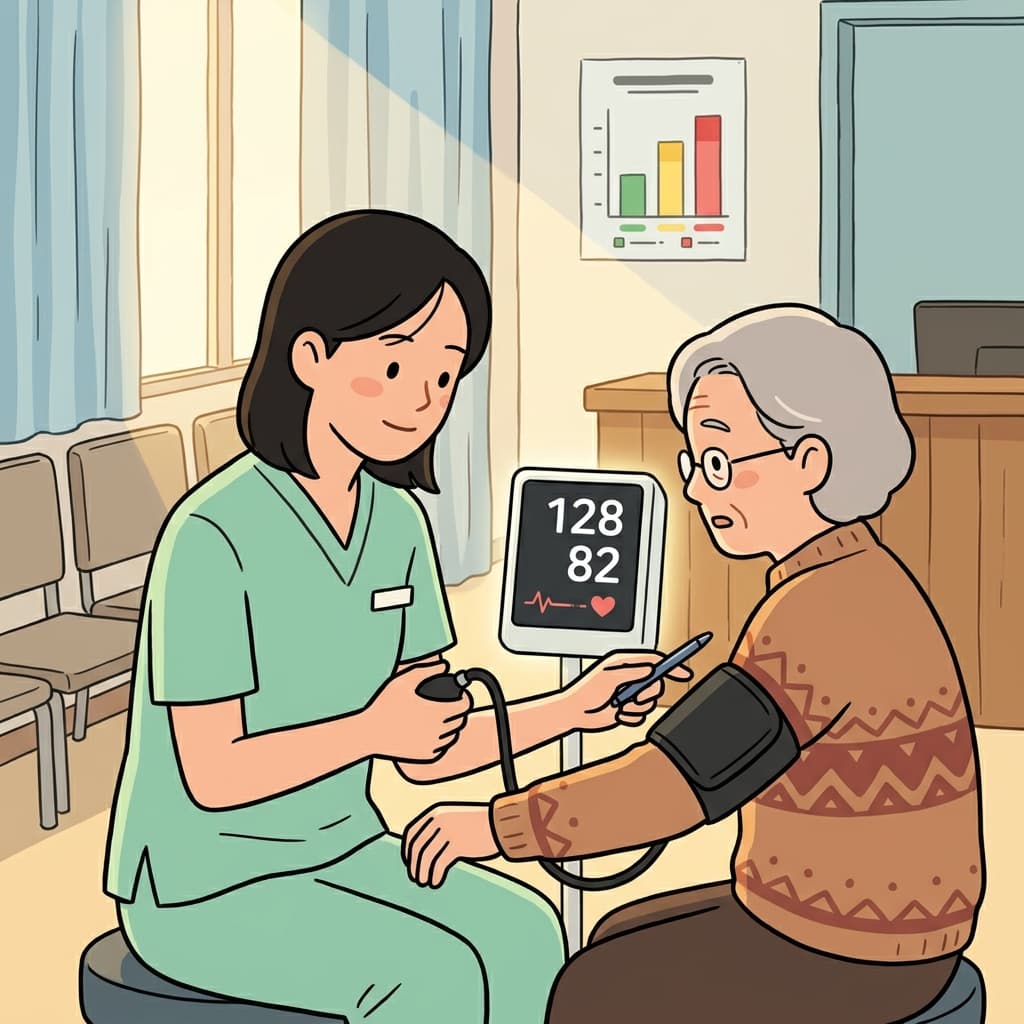 The nurse checks her blood pressure during the morning clinic visit.