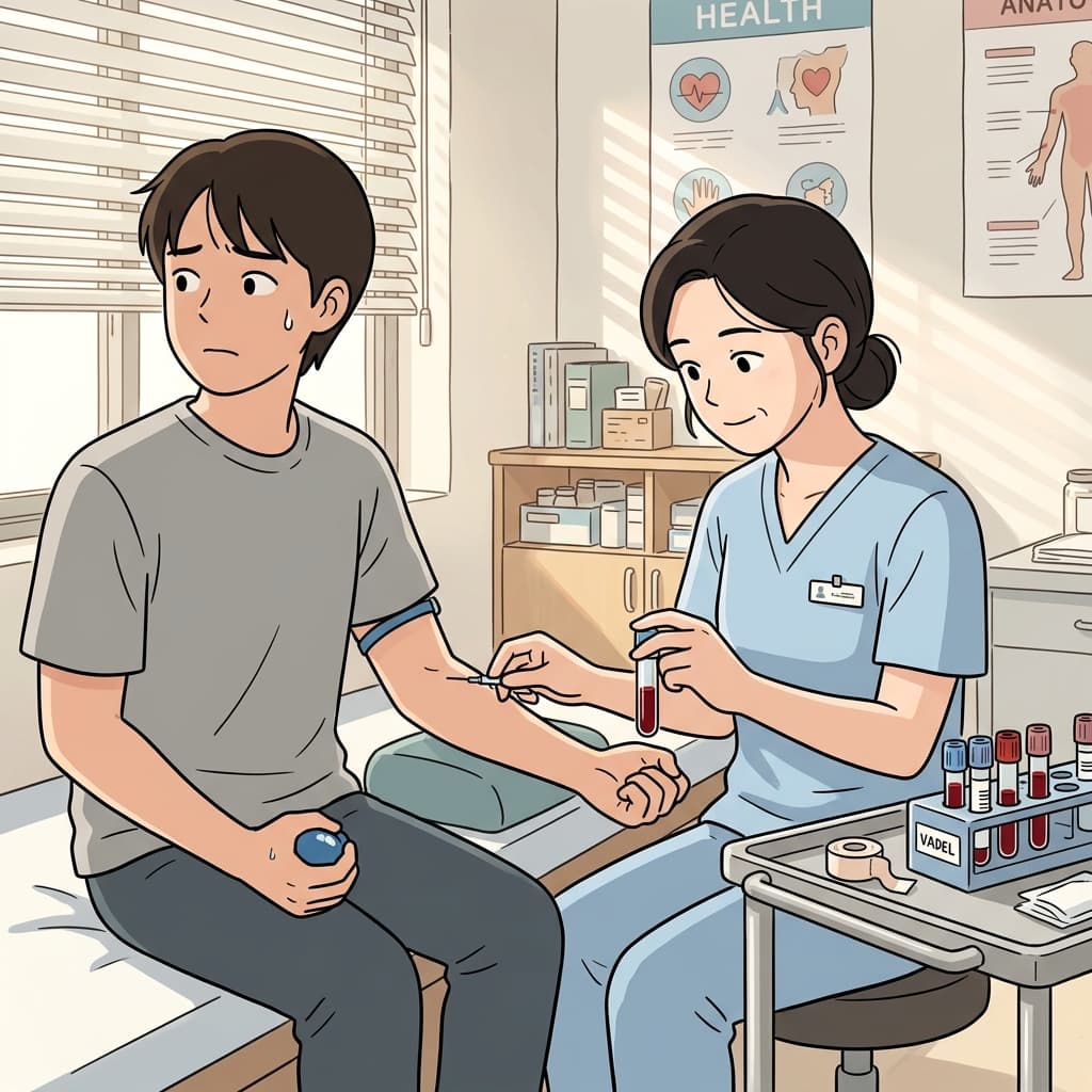A nurse carefully draws blood from the patient's arm for testing.