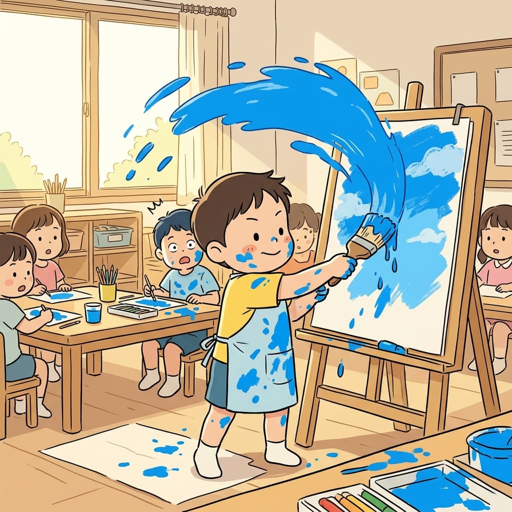 The little boy painted the entire sky blue with bold, happy strokes.