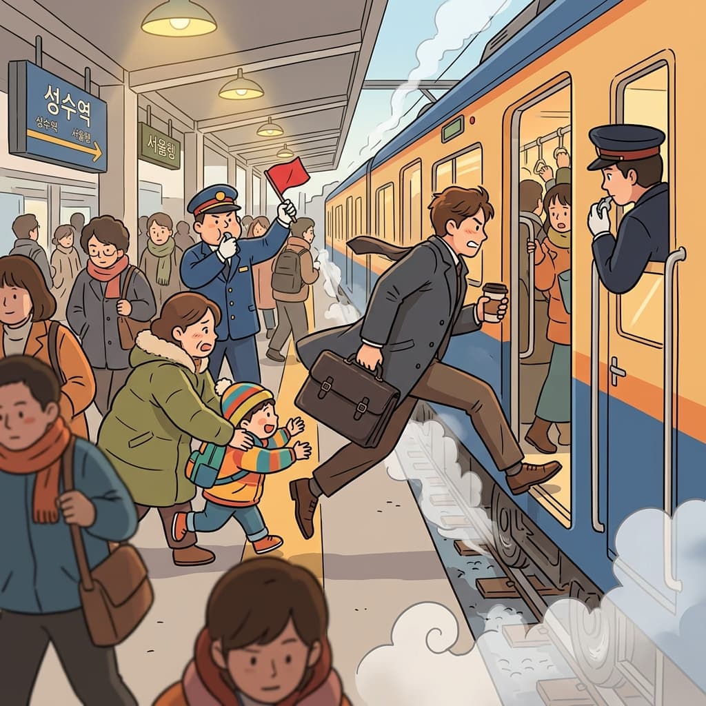 Passengers board the train just before the doors slide shut.