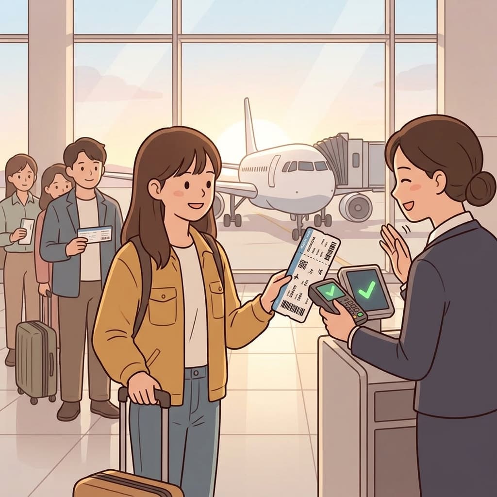 She shows her boarding pass at the gate before stepping onto the plane.