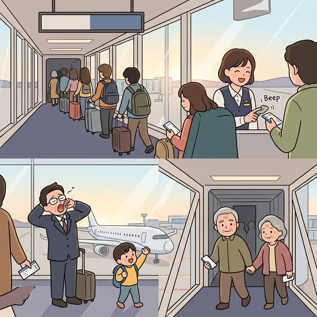 Travelers are boarding the early morning flight to Paris.