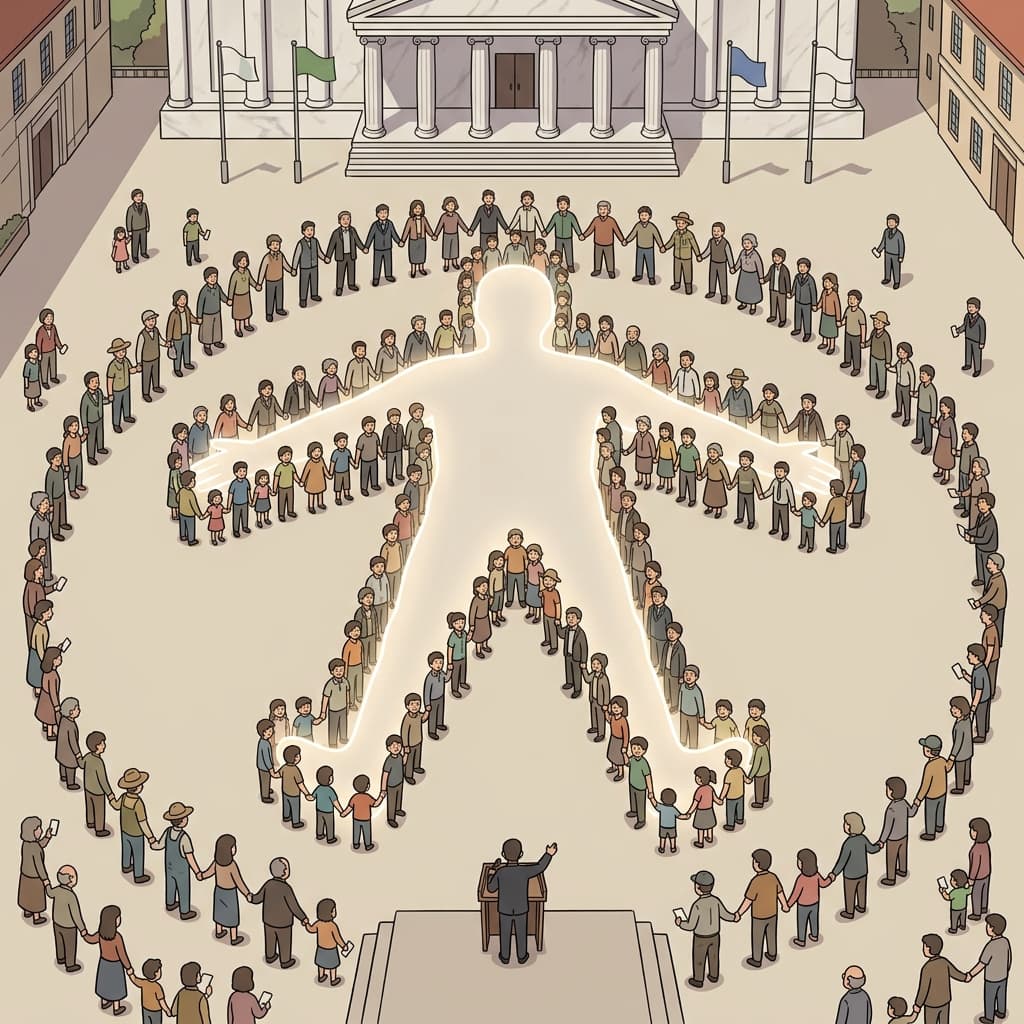 Citizens gather in the town square, forming the body politic that shapes their nation's future.