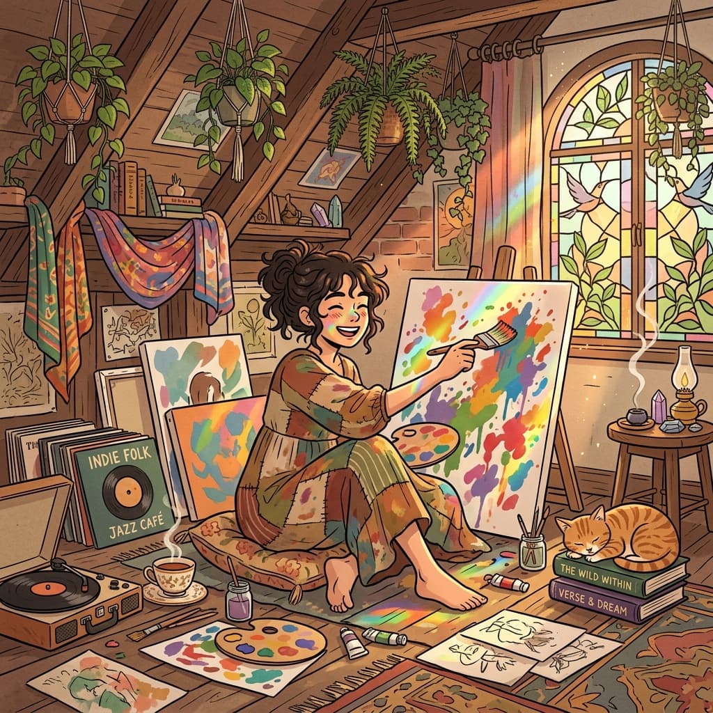 She lives a bohemian life, painting in a sunlit attic full of plants and scarves.