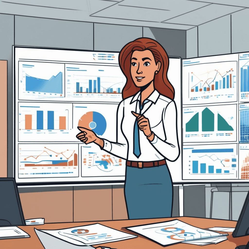 a business analyst stands before a whiteboard covered with complex charts, graphs, and bullet points. She uses an eraser to remove unnecessary details while pointing to one key conclusion at the bottom. Multiple sheets of complicated data and reports lie scattered across the conference table behind her. The remaining text on the board shows only the most important final summary point. Her colleagues nod in understanding as the complex information becomes clear and simple. One teammate gives a thumbs up while another takes notes on the simplified conclusion. complex information being reduced to its essential point