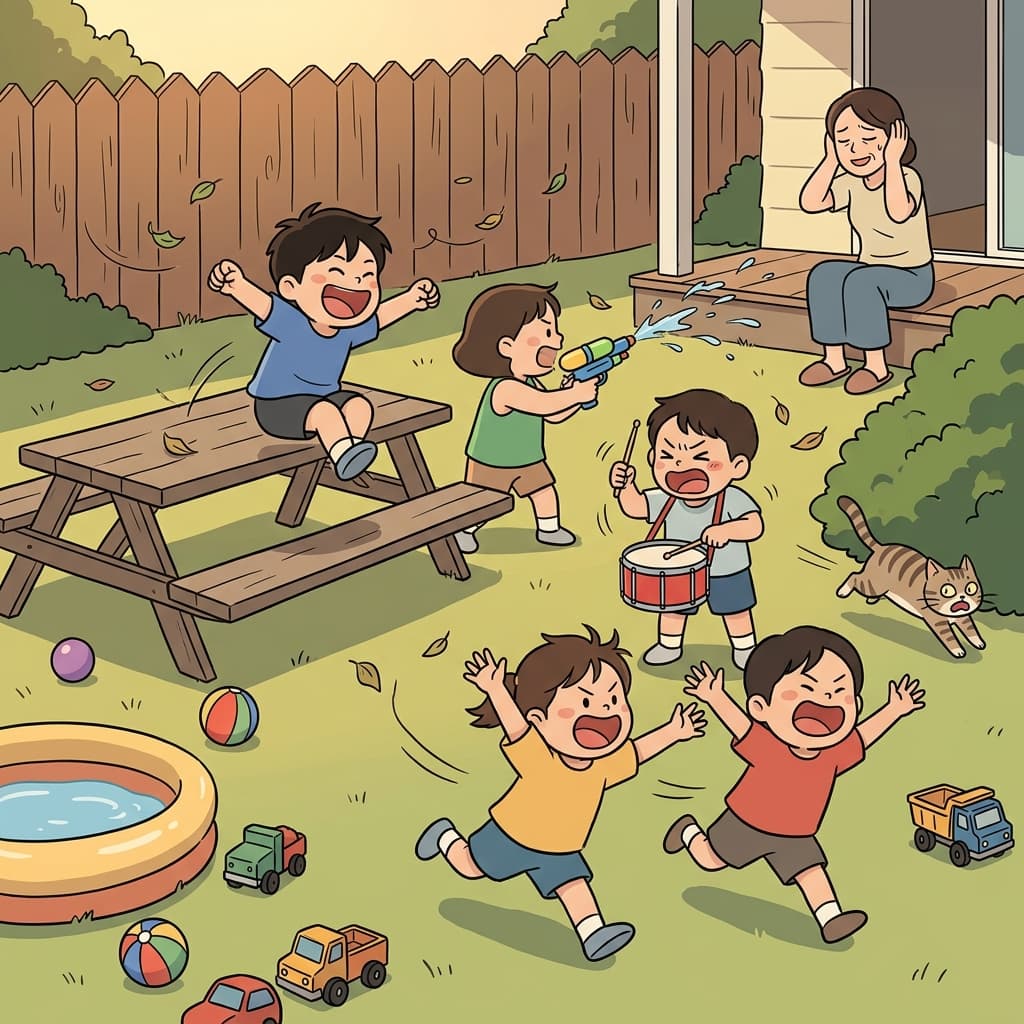 The boisterous kids turned the backyard into total chaos.