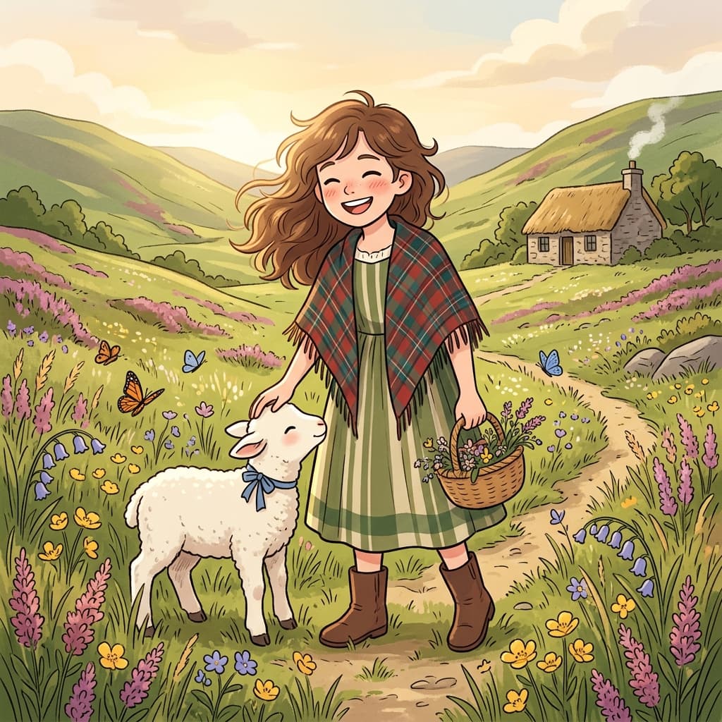 The bonny highland girl smiled brightly as wildflowers danced around her boots.