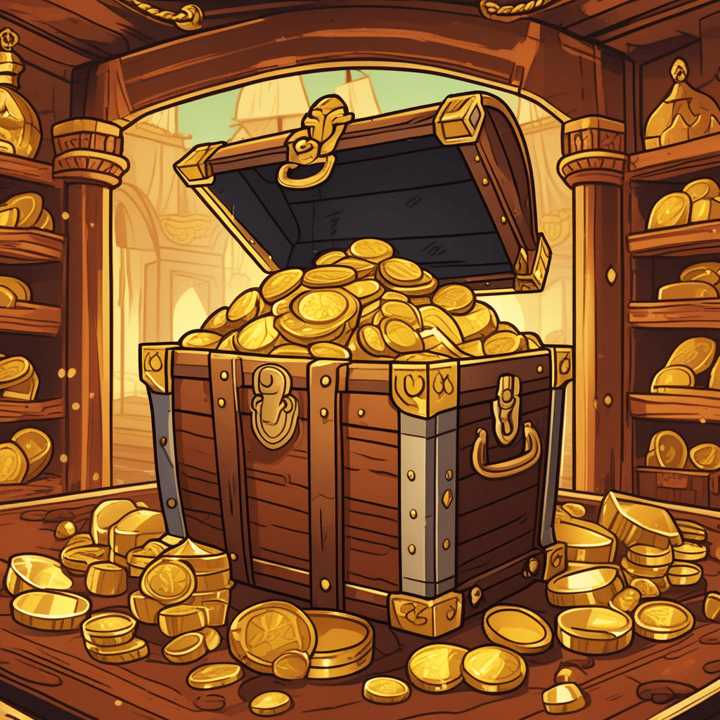 a pirate captain opens a large wooden chest overflowing with golden coins, jeweled crowns, and ornate goblets. His eyes gleam with satisfaction as he lifts a bejeweled sword from the collection. The treasure spills out around the chest, showing the wealth accumulated from many victories. Maps and conquest flags hang on the wooden walls behind him, indicating recent successful raids. Another crew member peers over his shoulder, marveling at the riches they've claimed. valuable stolen goods seized through conquest and warfare