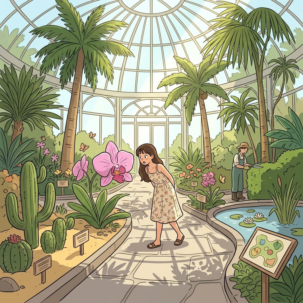 She wanders through the botanical garden, marveling at rare orchids from around the world.