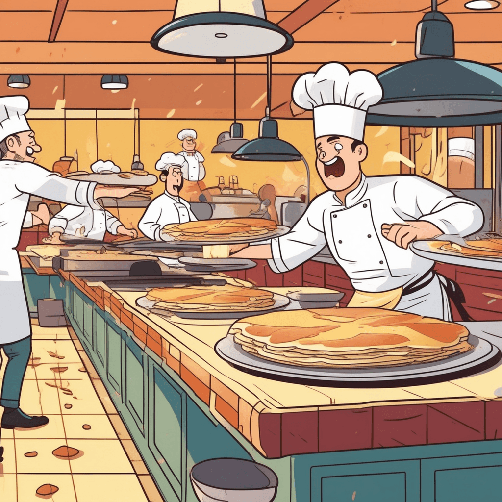 a chef attempts to flip pancakes but tosses them too high and in wrong directions. The pancakes fly everywhere, landing on the floor, sticking to the ceiling, and splattering on nearby surfaces. What should have been a simple cooking task has turned into a complete mess. Batter drips from overhead while burnt pancakes smoke on the stove. Other kitchen staff duck and cover as pancakes continue falling around them. One server shakes her head in frustration at the ruined breakfast orders. a task being carried out badly and carelessly