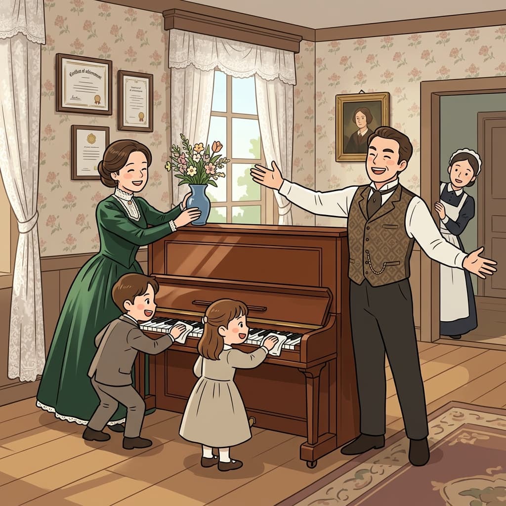 The bourgeois family shows off their new piano in the parlor.